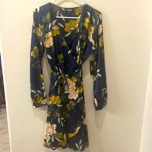 Lulu’s Navy Blue Floral Satin Wrap Dress - Size L